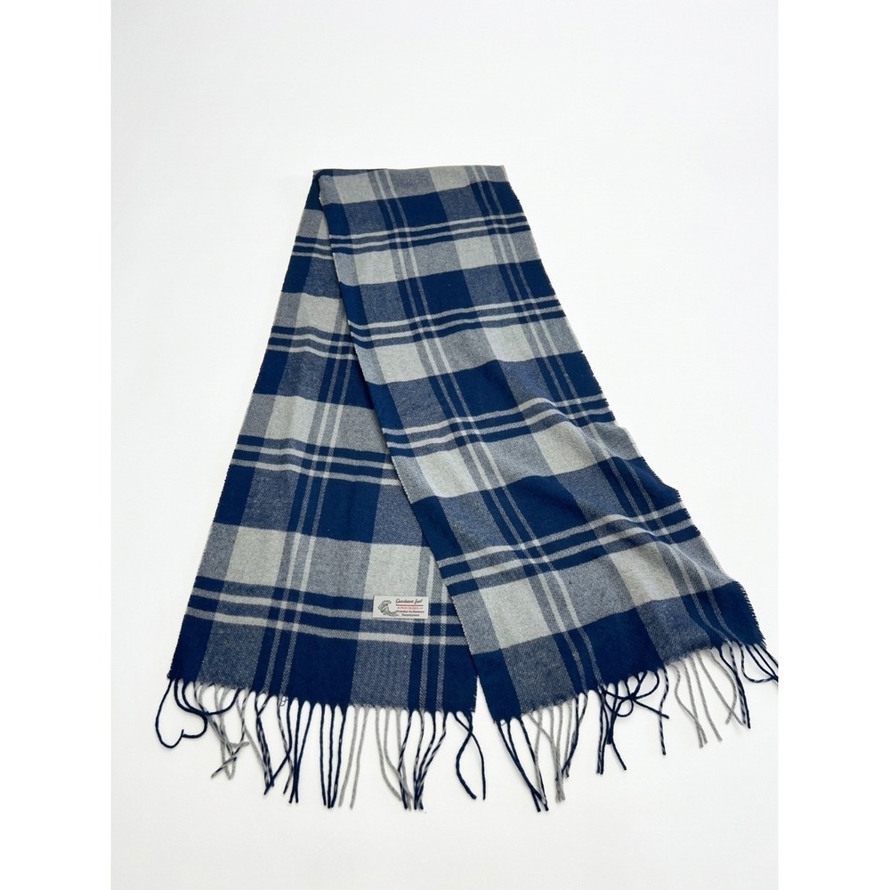Unbranded Scarf Unisex OS Blue Grey Plaid Cashmere Feel Fringed Italy Design